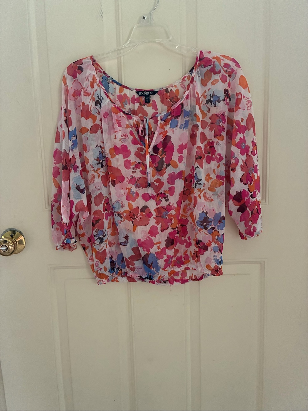 Express Multicolor Pink Floral Tie-Neck Blouse